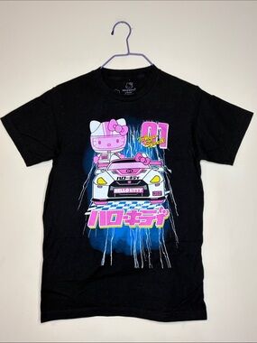 Hello Kitty Black Tee with Pink & Blue Racing Graphic Size S